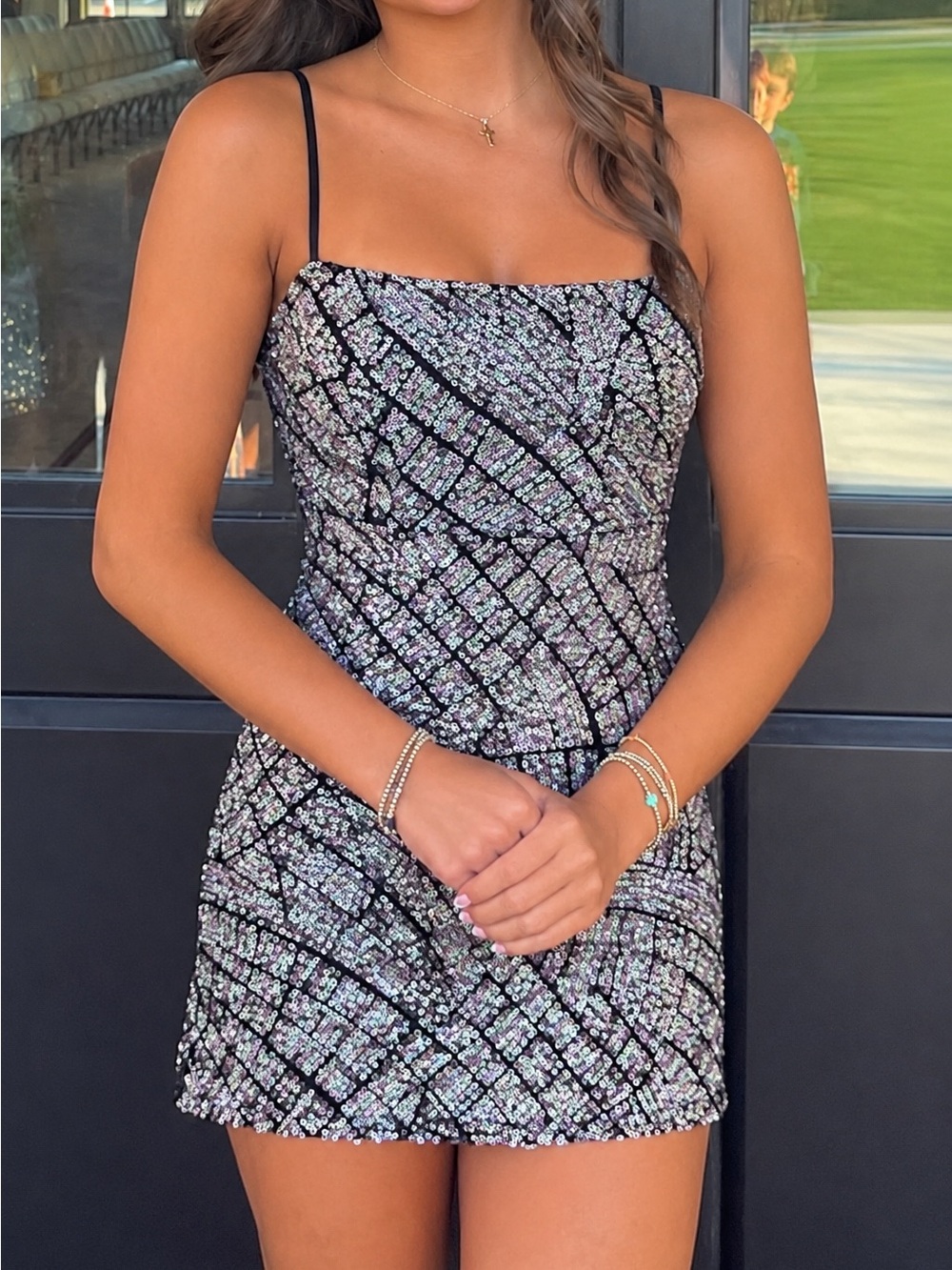 Black Geo-Sequin Mini Dress with Iridescent Sheen